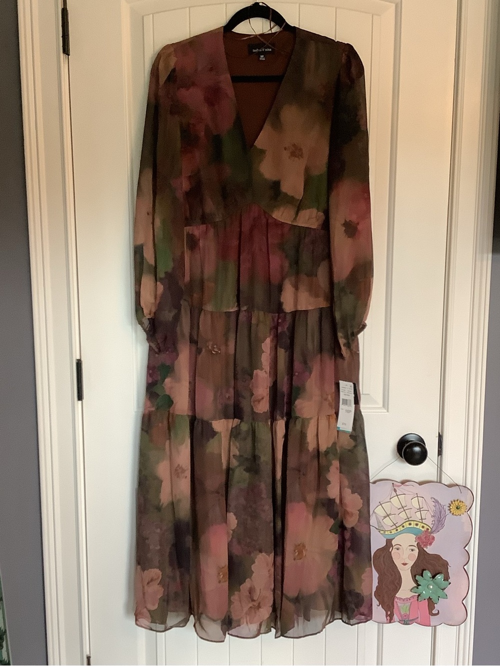 Isabel & Nina Floral Tiered Maxi Dress in Mauve, Olive & Brown